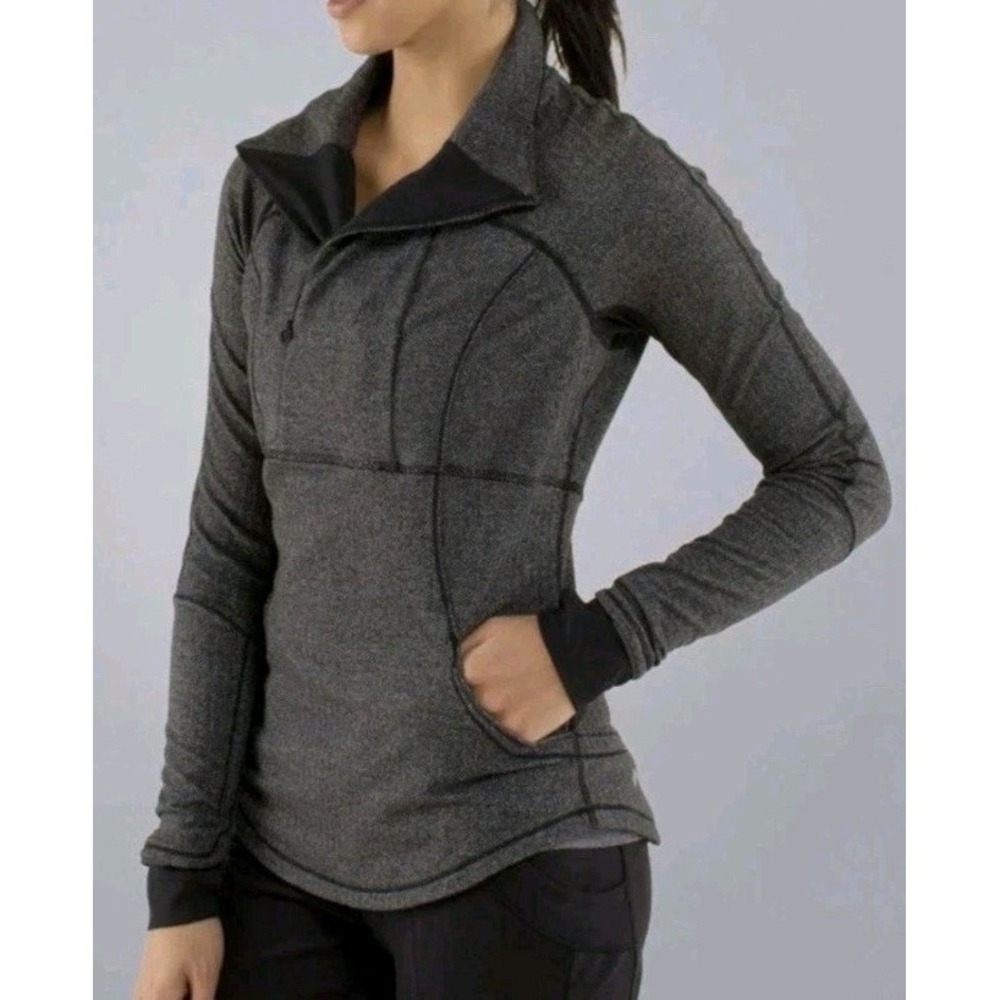 Lululemon Pullover Womens 8 Base Runner 1/2 Zip Herringbone Heathered gray Logo